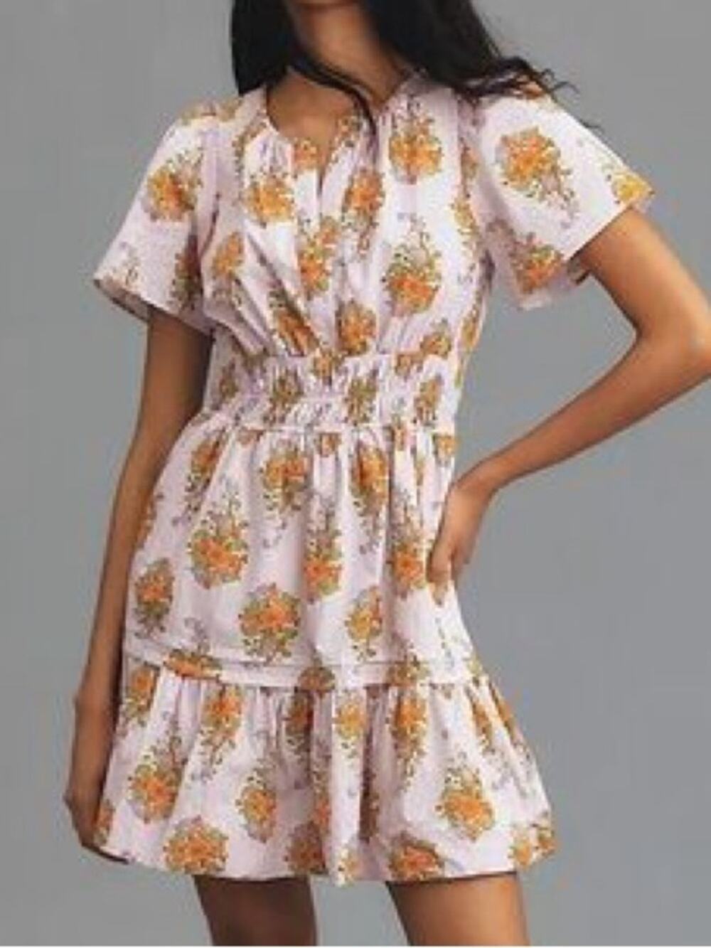 Anthropologie Somerset Floral Lavender Stripe Mini Dress Cotton Poplin Sz L